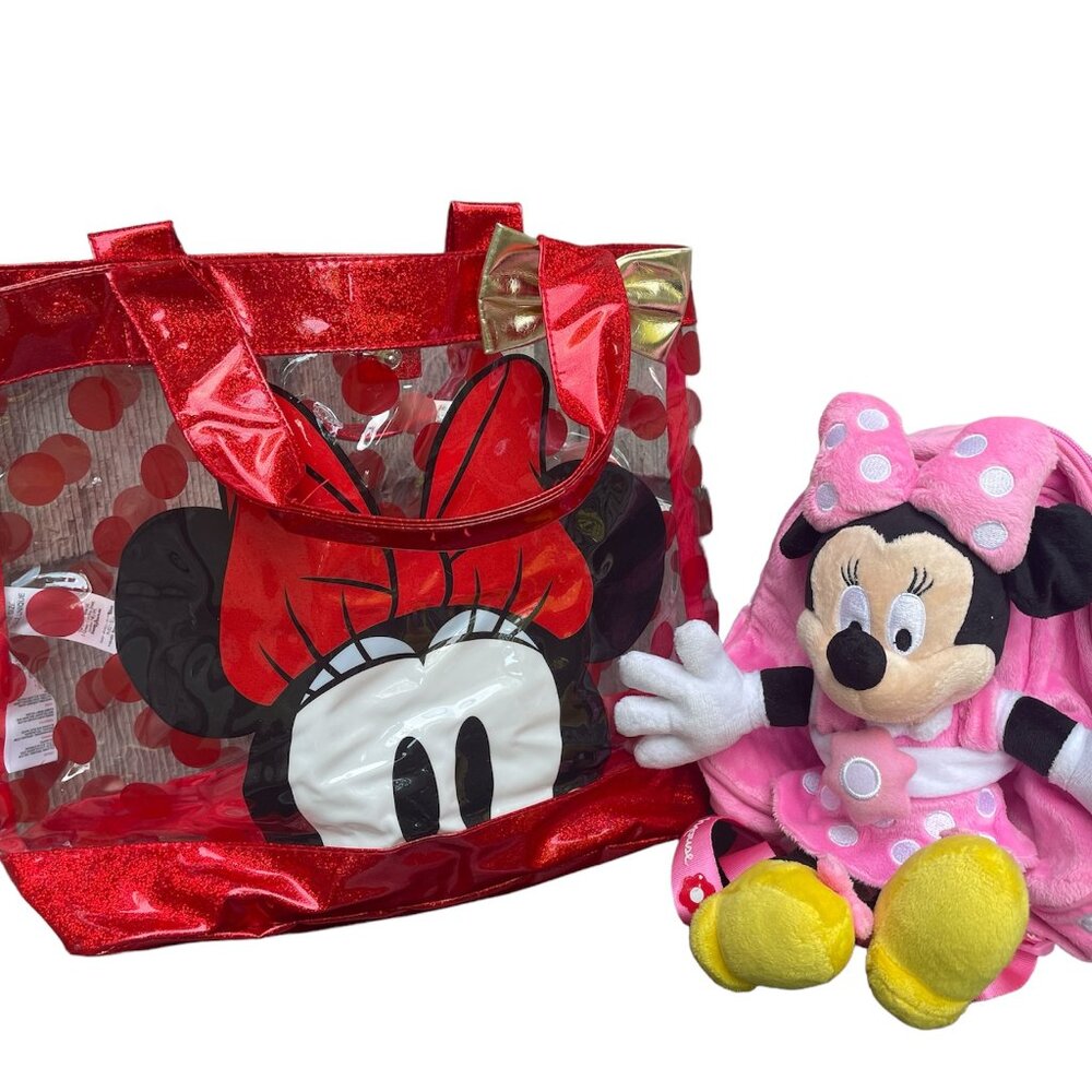 Minnie Mouse Disney Bag Set Clear Tote and Plush Backpack With Doll